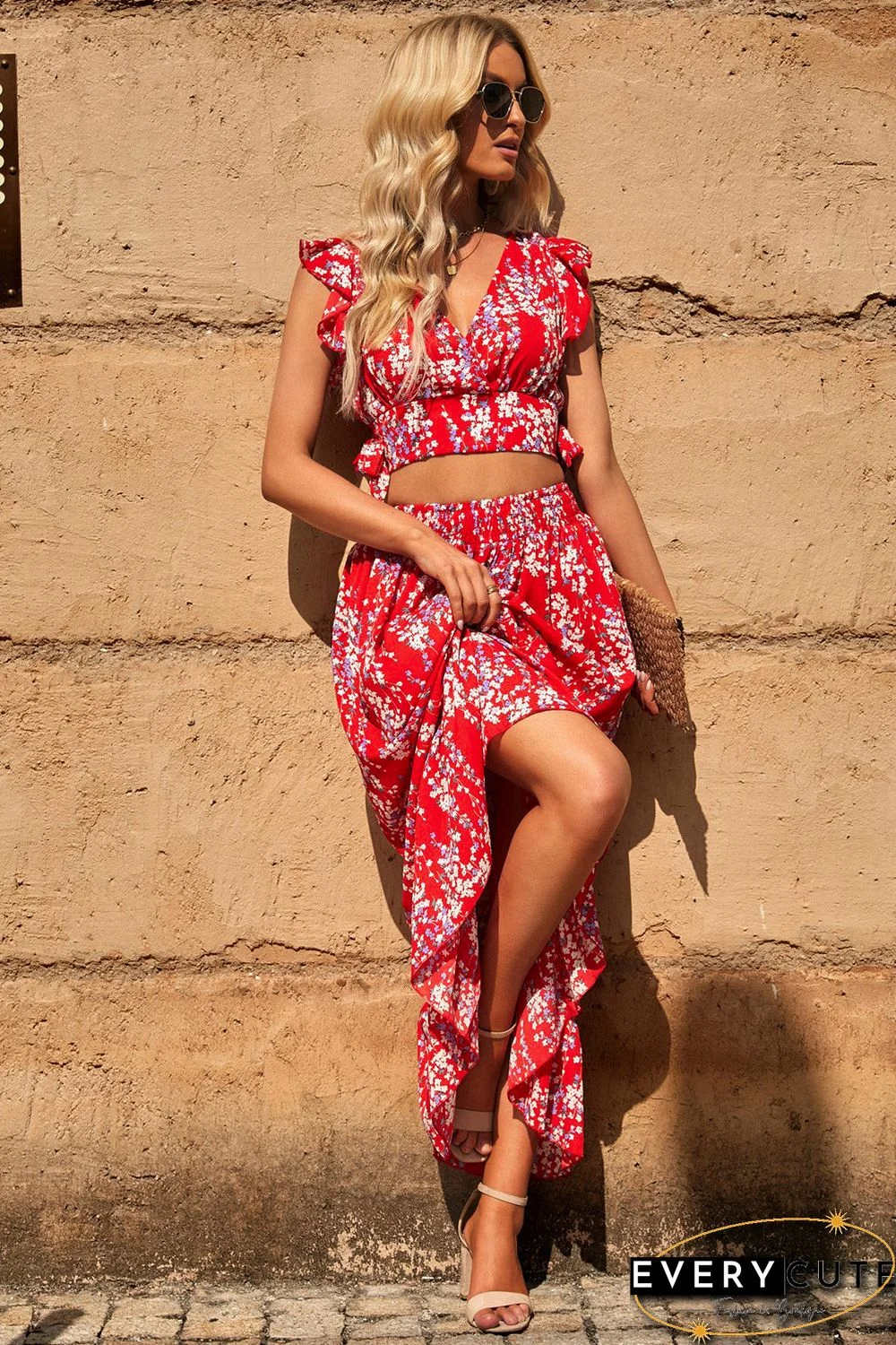 Red Multicolor Floral Ruffled Crop Top and Maxi Skirt Set