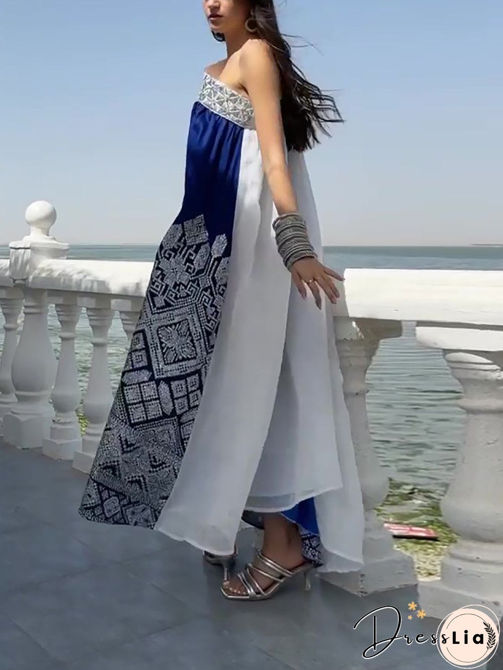 One Shoulder Blue&White Joint Dress