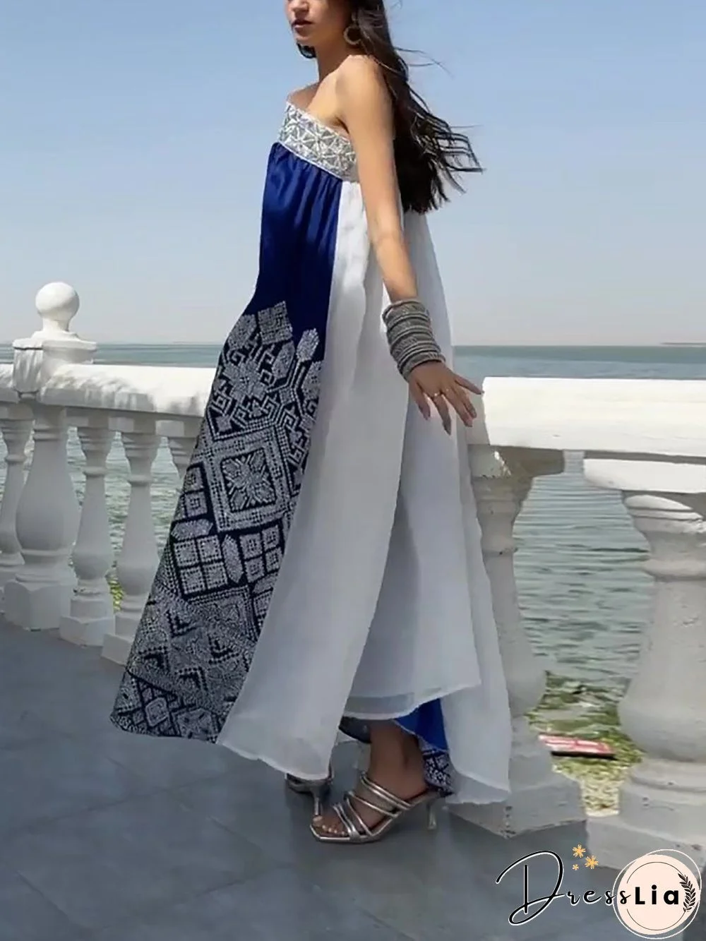 One Shoulder Blue&White Joint Dress