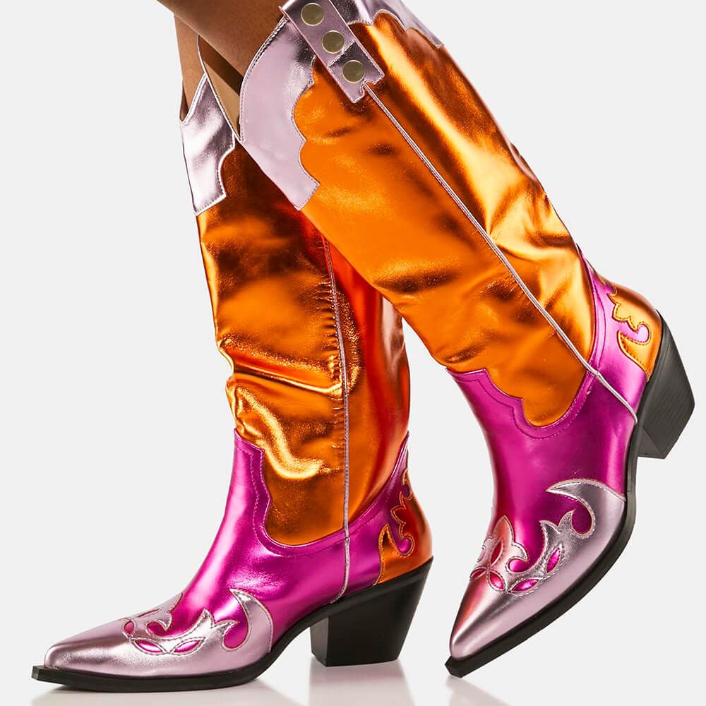 Metallic Multicolor Patchwork Pointed Toe Knee High Cowgirl Boots
