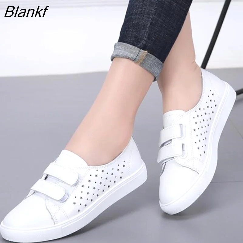 Blankf New White Shoes Leather PU Casual for Women's Breathable Running Shoes Students Sneakers Tennis Female Hook & Loop Autumn