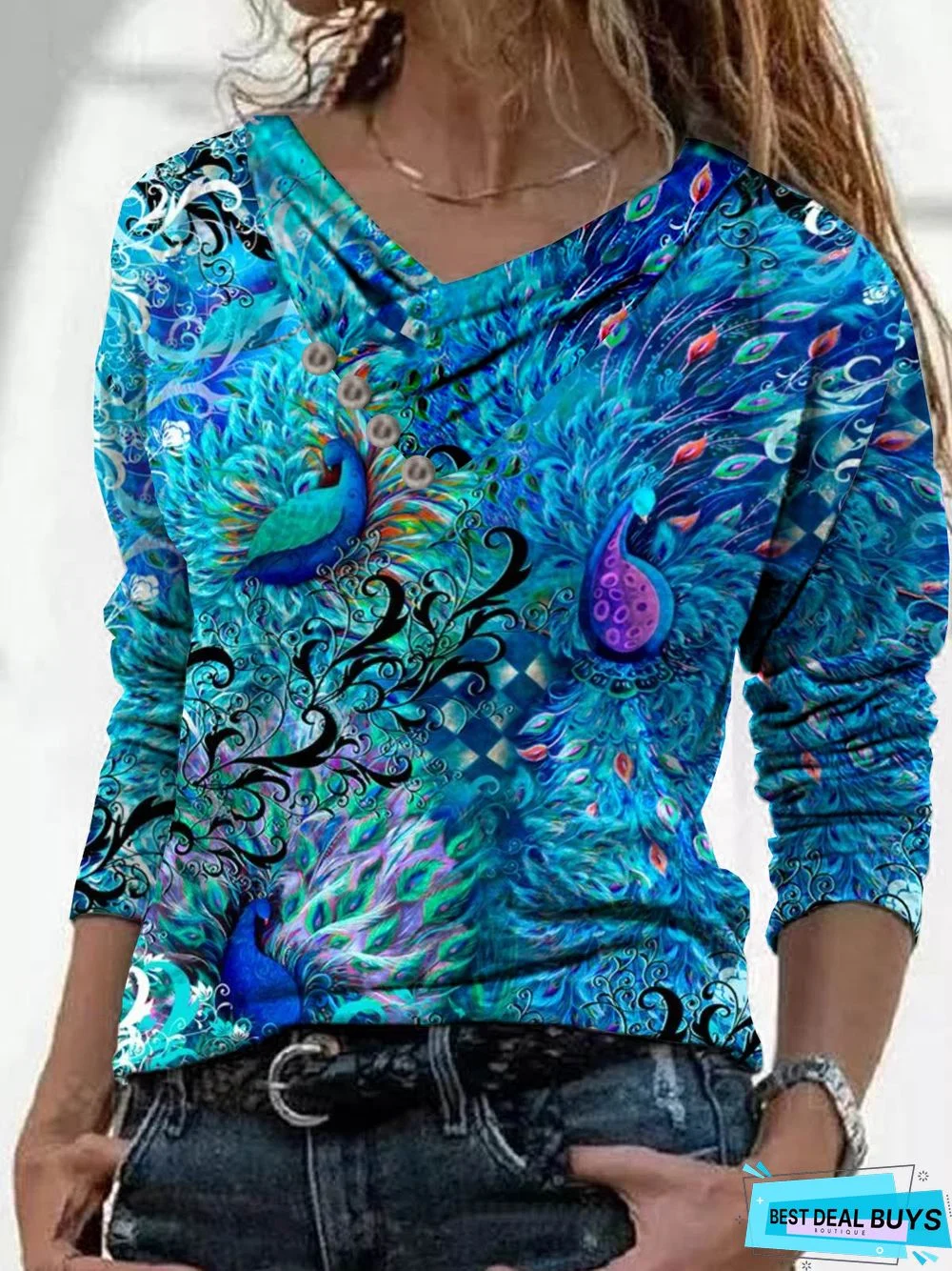 Casual Peacock Long Sleeve V Neck Printed Top