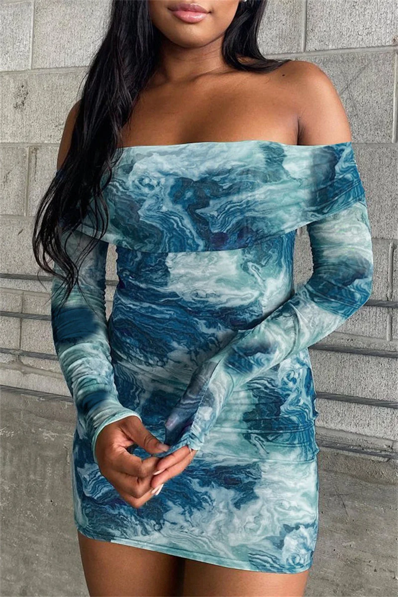 Fashion Sexy Print Tie Dye Backless Off the Shoulder Long Sleeve Dresses