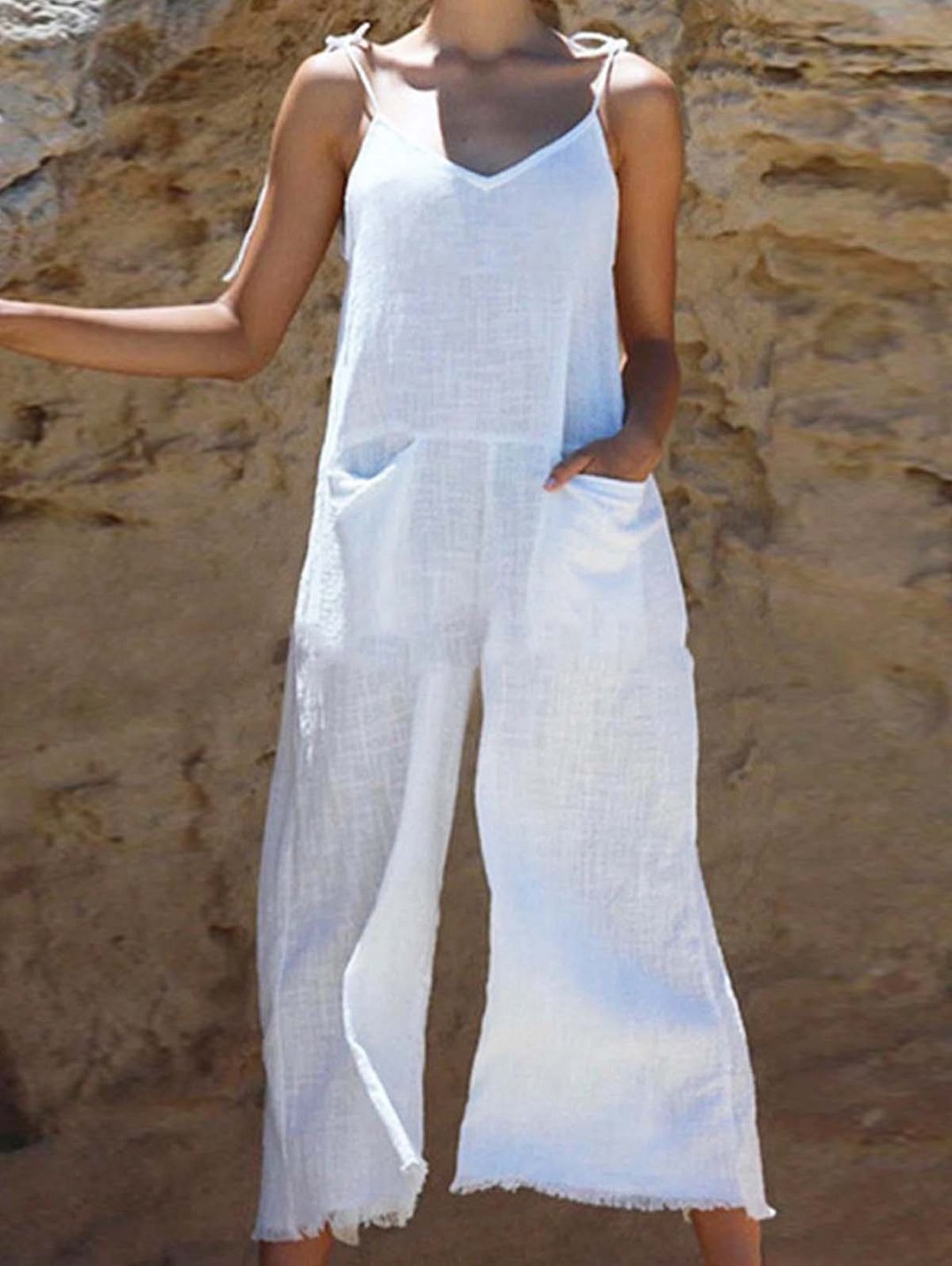 Solid Tie Shoulder Ursime Patched Pocket Wide Leg Jumpsuit