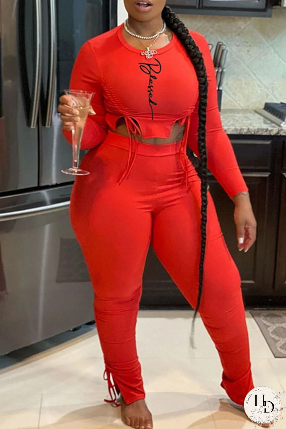 Black Sexy Print Split Joint Frenulum O Neck Long Sleeve Two Pieces