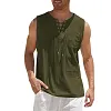 Men's Casual Lace-Up Neck Chest Pocket Sleeveless Vest Tank Top by Inlyline