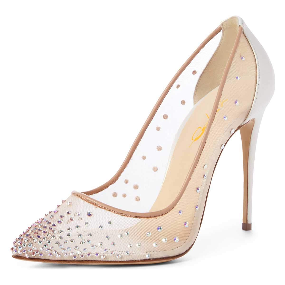 Women's Mesh Pointed Toe Rhinestone Wedding Heels in White