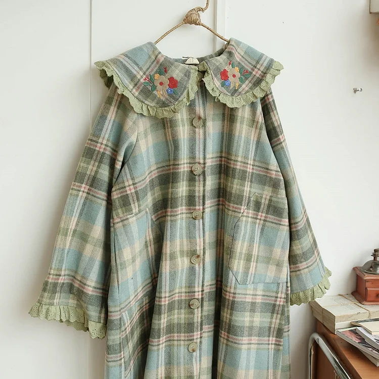 Queenfunky cottagecore style Cozycore Embroidered Woolen Plaid Coat QueenFunky
