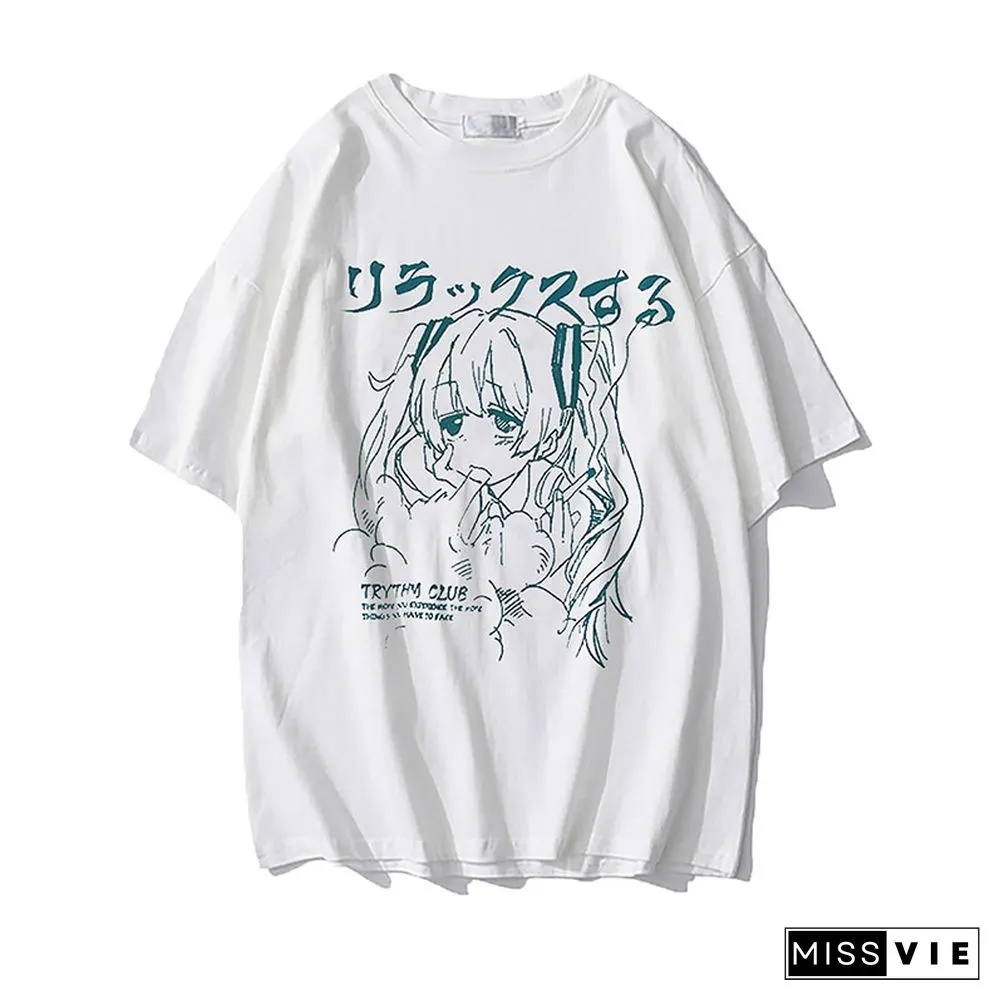 Womens Clothing-Y2K Japanese Harajuku Graphic Kawaii Shirts-Anime Print Oversized Plus