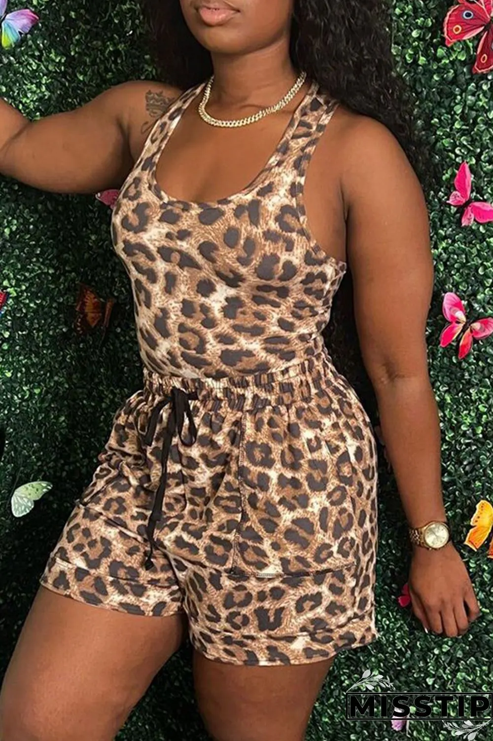 Brown Sexy Casual Print Leopard Basic U Neck Sleeveless Two Pieces