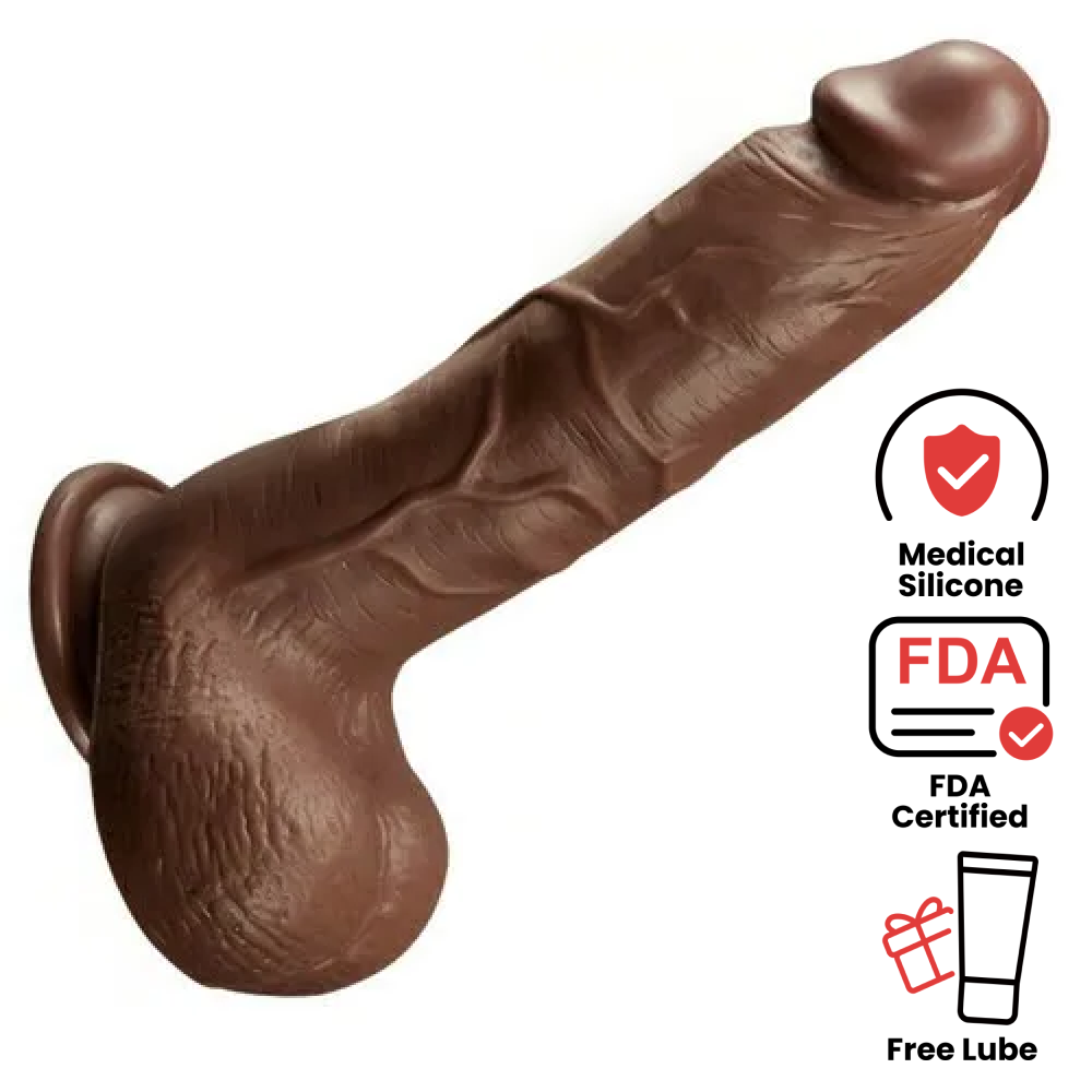 Cacao &ndash; 8.26 inches Body-Safe Silicone Black Realistic Suction Cup Dildo, 1.77" Thick, Veiny Textured By Rose Toy