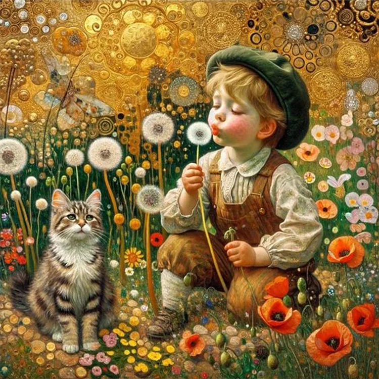 Child And Kitten And Dandelion 30*30CM (Canvas) Full Round Drill Diamond Painting gbfke