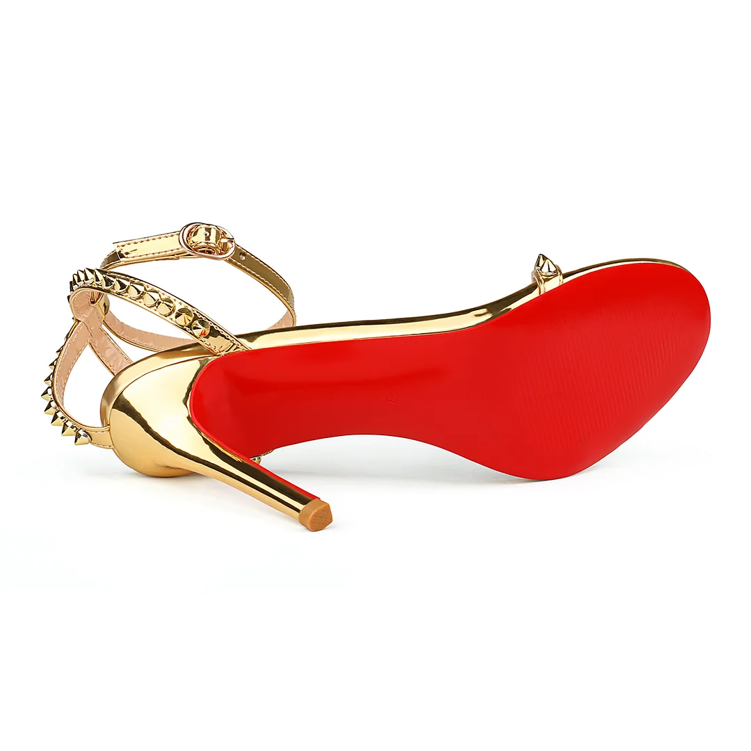 100mm Women's Sandals Stiletto Red Bottom High Heels Open Toe Ankle Strap Rivet Studs Shoes-MERUMOTE