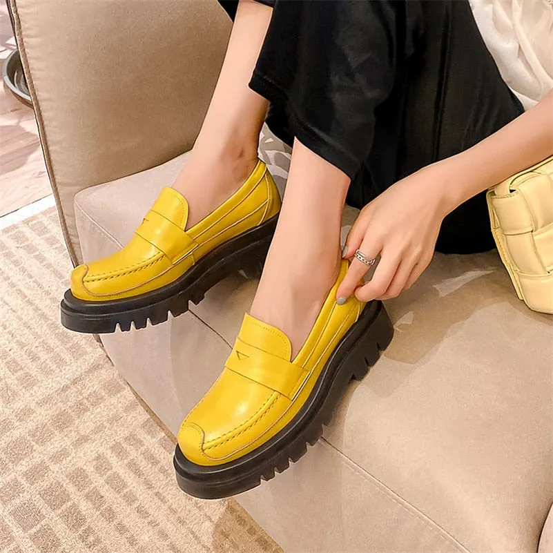 Meotina Loafers Shoes Woman Natural Genuine Leather Flat Platform Shoes Round Toe Casual Flats Female Footwear Spring Black 42