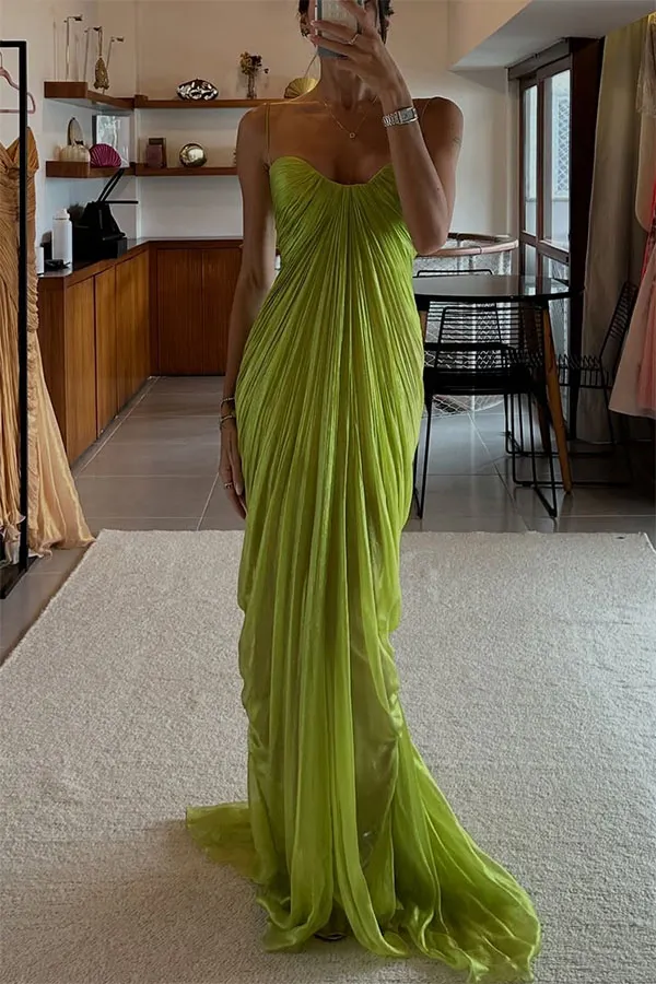 Victoria Shimmering and Flowing Pleated Fabric Back Lace-up Drape Maxi Dress