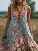 Vintage Pink Roses Ruffle Layered Linen Tank Dress