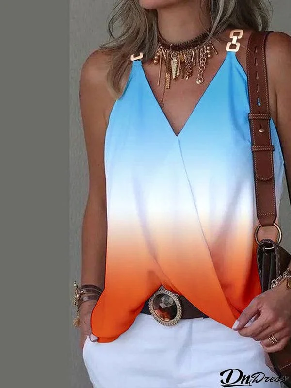 Sleeveless Gradient Split-Joint V-Neck Vest Top