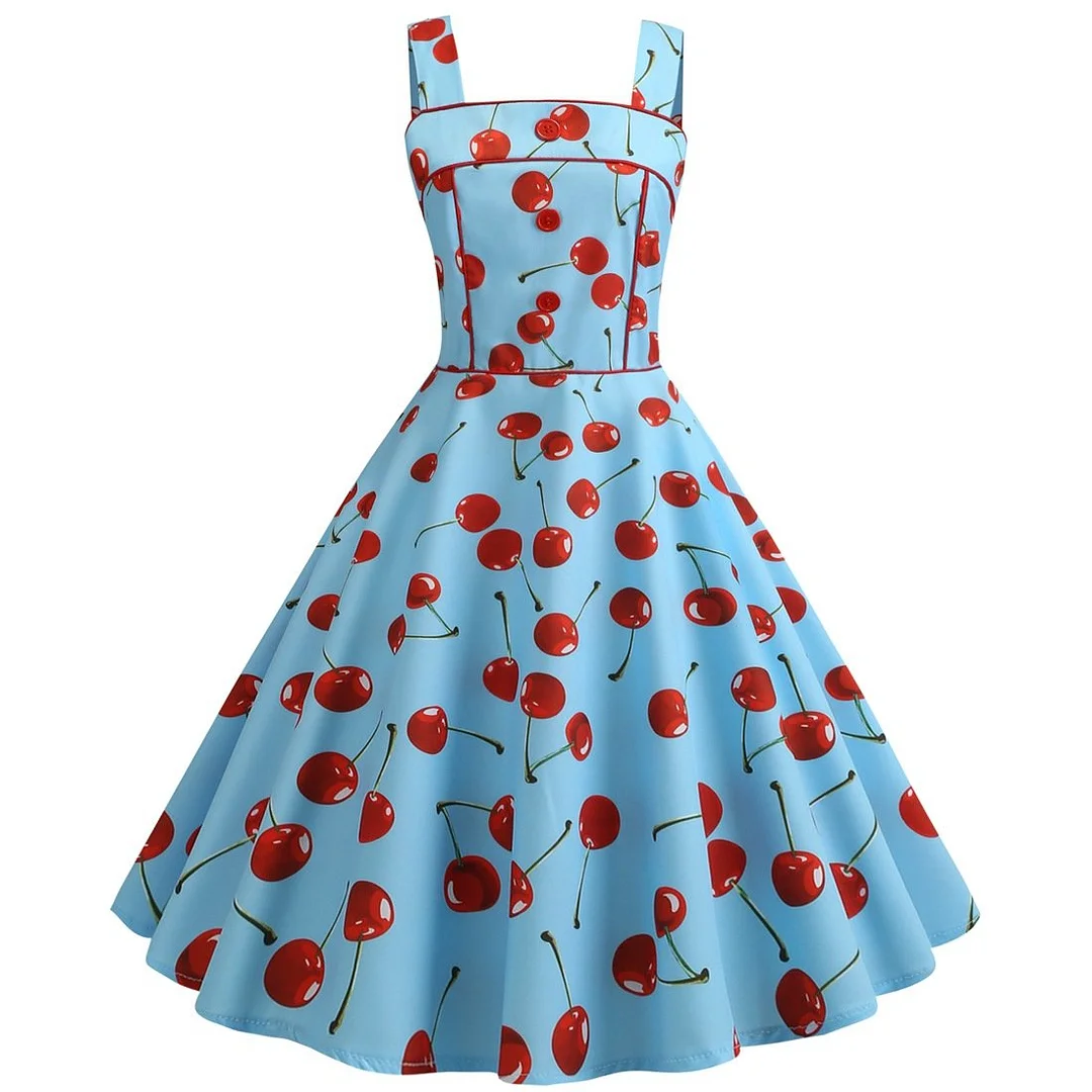 Vintage Women's Summer Strap Square Collar Cherry Print Dress