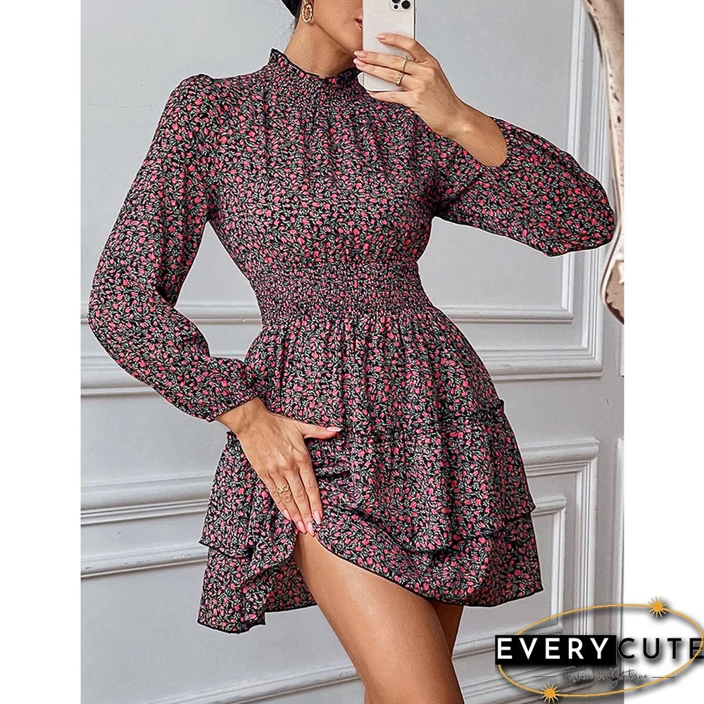 Red Layered Frilled Neck Mini Floral Dress