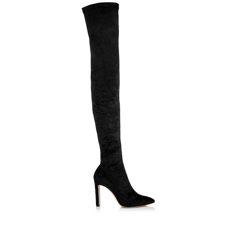 Sexy Black Velvet Pointed Toe Thigh High Boots with Chunky Heel |FSJ Shoes