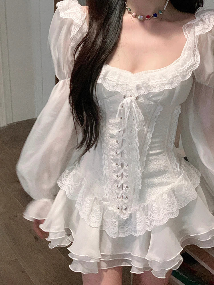 Aiertu White French Elegant Evening Party Dress Women Casual Sexy Lace Puffed Sleeve Short Robe Summer Korean Y2k Sweet Mini Dress Chic Aiertu