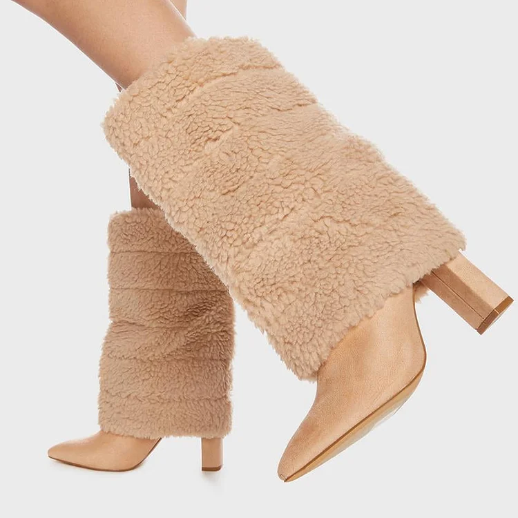 Khaki Pointed Toe Chunky Heel Mid Calf Boots Vdcoo