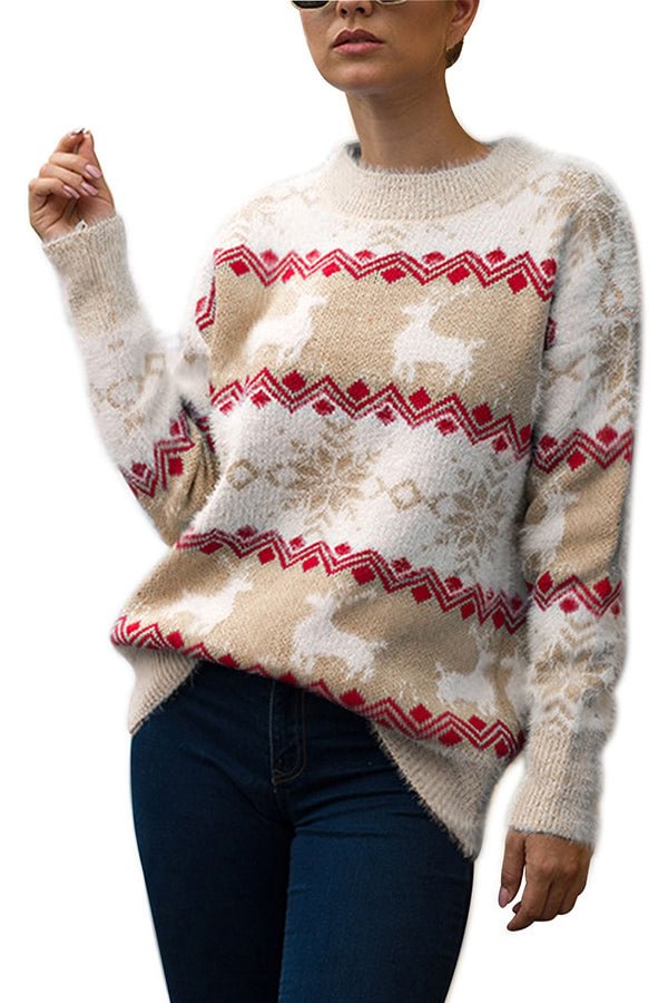 Womens Reindeer Snowflake Christmas Sweater Khaki-elleschic