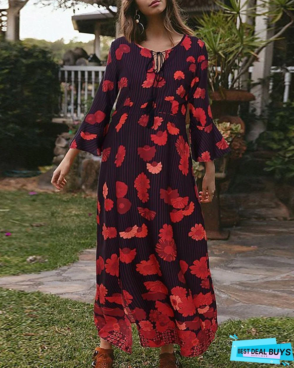 Women's T-Shirt Dress Tee Dress Maxi Long Dress - Long Sleeve Floral Split Patchwork Print Spring Fall Casual Red Orange Black Dresses