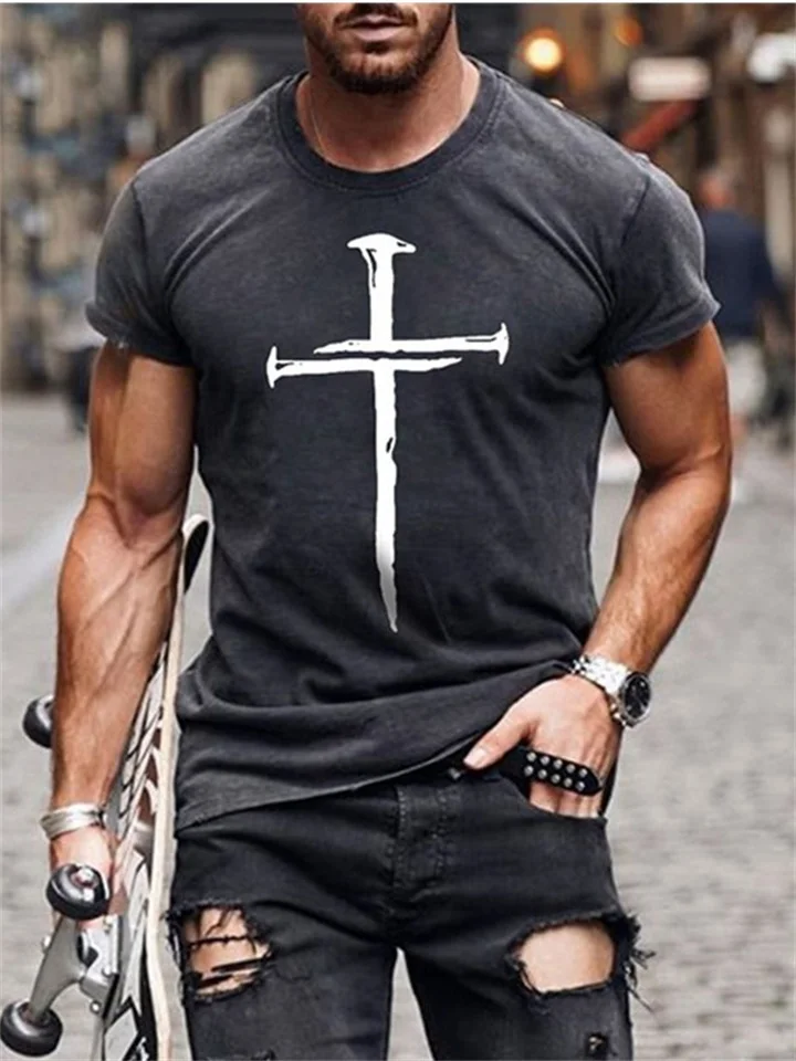 Men's Slim Cross 3D Print Round Neck Casual Sports T-shirt-Cosfine