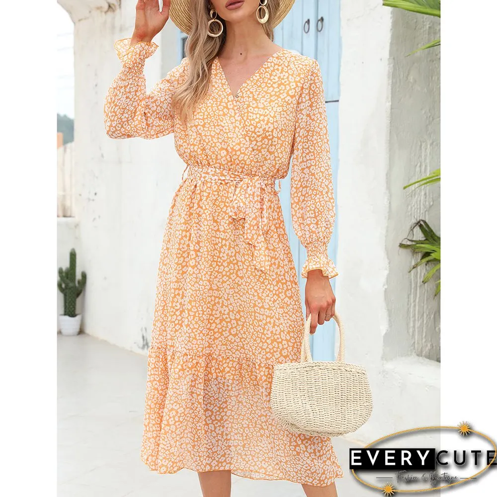 Yellow Floral Print V Neck Long Sleeve Swing Dress