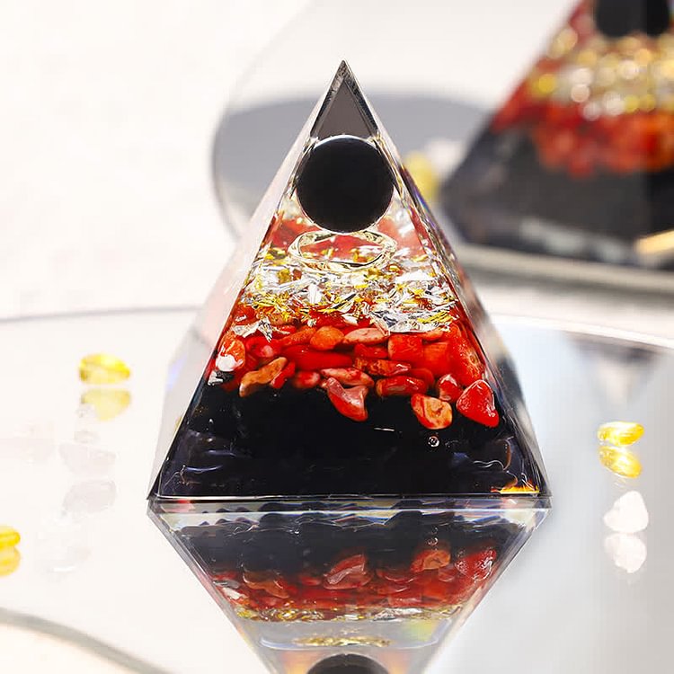 Black Onyx With Red Coral Reki Orgone Pyramid