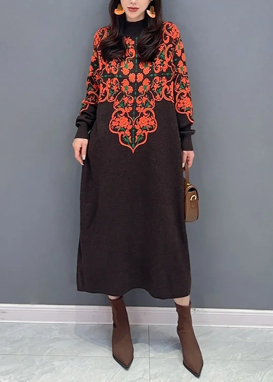 New Brown Turtleneck Print Patchwork Knit Long Dress Fall