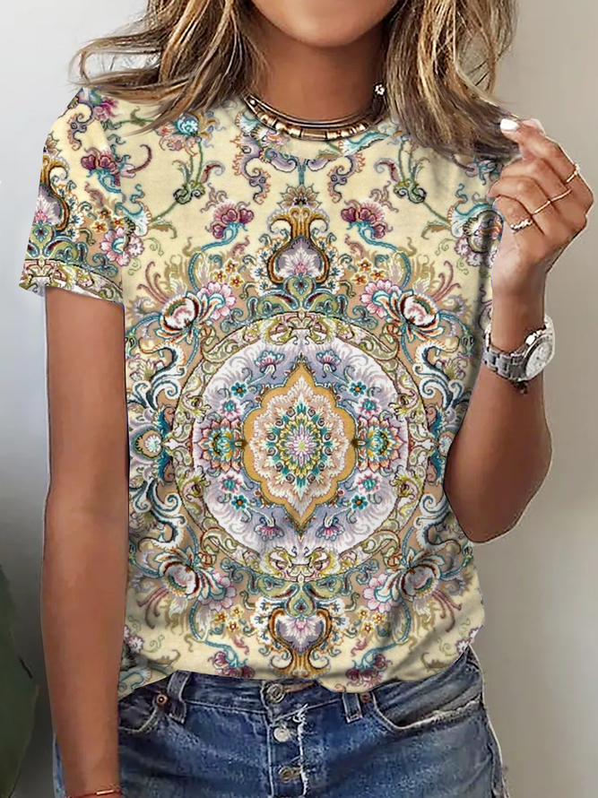 Women's Boho T-Shirt Crew Neck Ethnic Tops