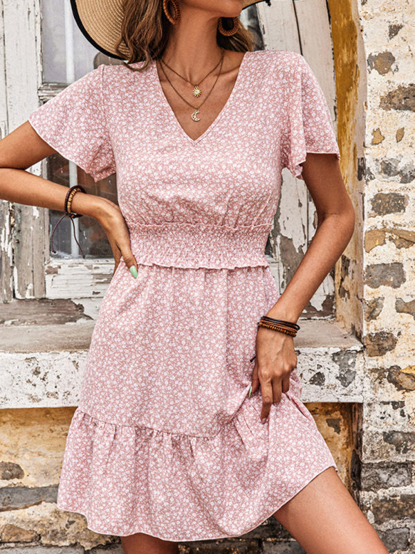 Mature Women Summer Fashion Floral Dress Pink Casual V-Neck Ruffle Dress