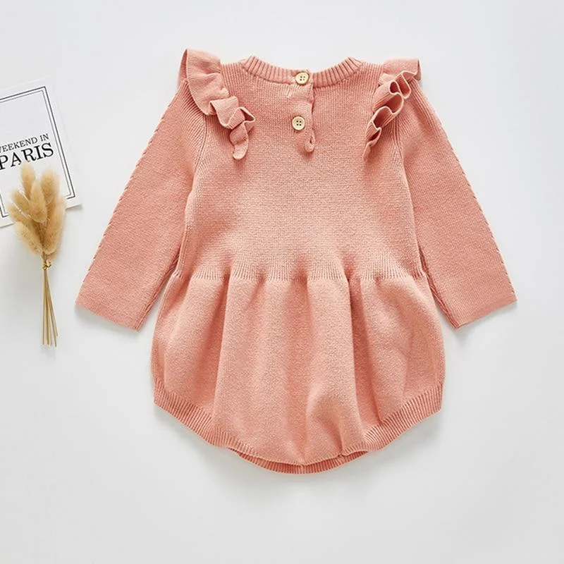 Baby Girls Knitted Bodysuit 2021 Spring Infant Newborn Long Sleeve Solid Ruffled Jumpsuit Outfit Set Baby Spring Autumn Clothing