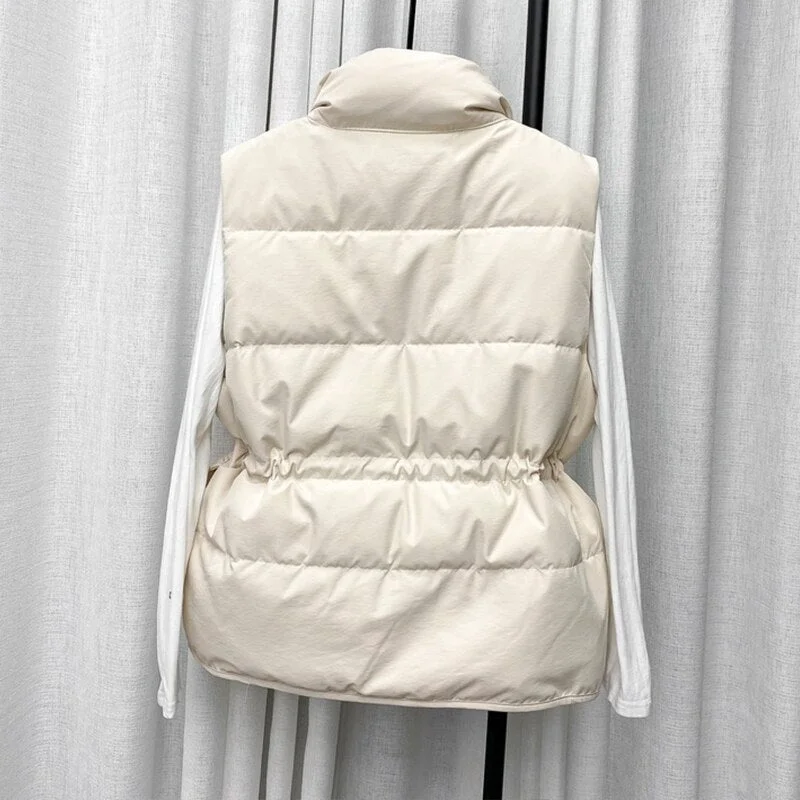 FTLZZ Winter Single Breasted Light Down Short Vest Jacket Women White Duck Down Coat Waist Retractable Pocket Sleeveless Outwear