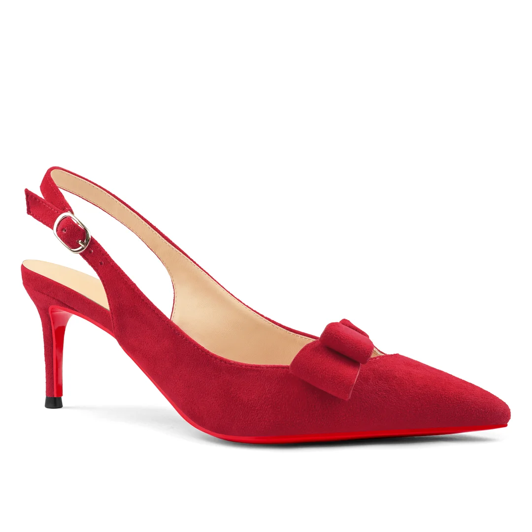 60mm Women's Pointed Toe Kitten Heels Bow-Knot Slingback Pumps Red Bottom Suede Sandals-MERUMOTE