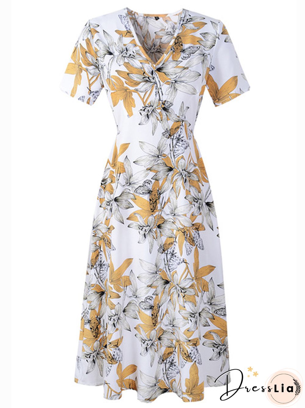 Floral Print V-Neck Half Elastic Waist Dress