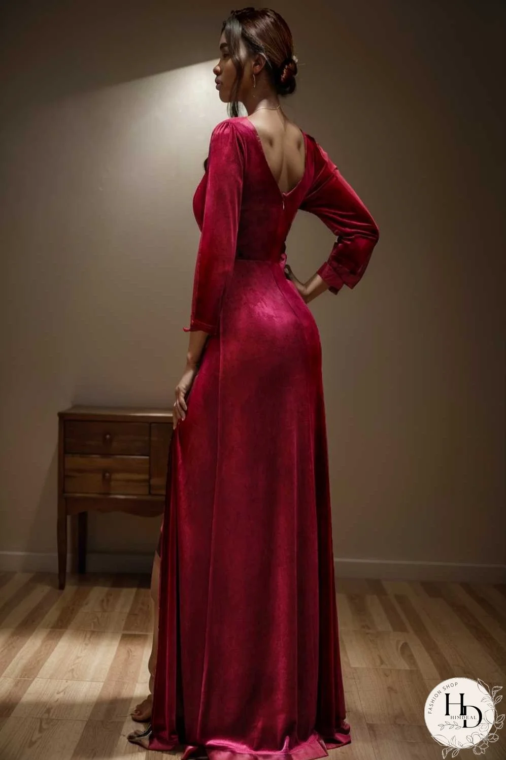 velvet 3 4 length sleeve illusion v neck front slit evening dress