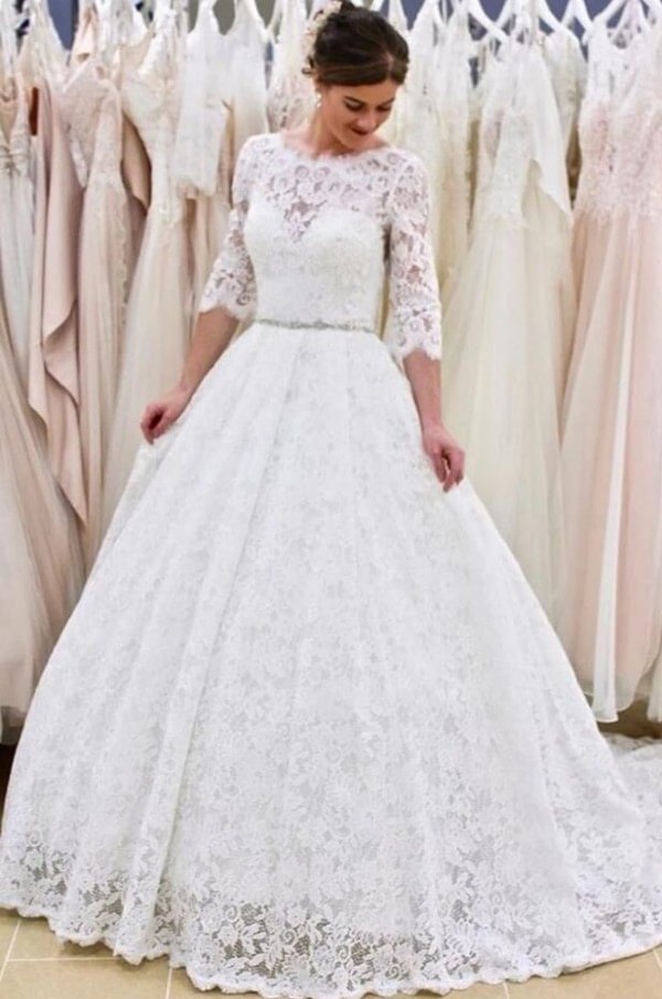 Vintage Lace Backless Long A-line Wedding Dress With Sleeves | Ballbellas Ballbellas