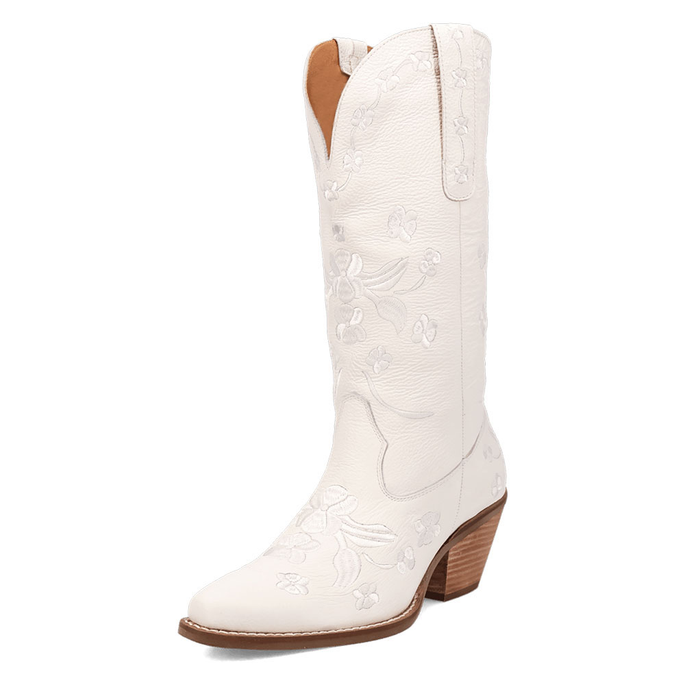 White Snip Toe Block Heel Floral Embroidered Western Boots for Women Nicepairs