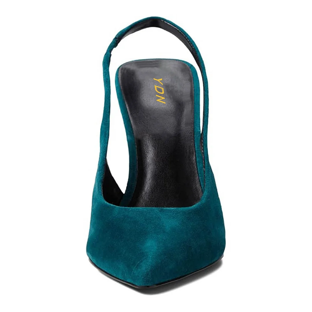 Classic Dark Teal Vegan Suede Pointed Toe Slingback Heels