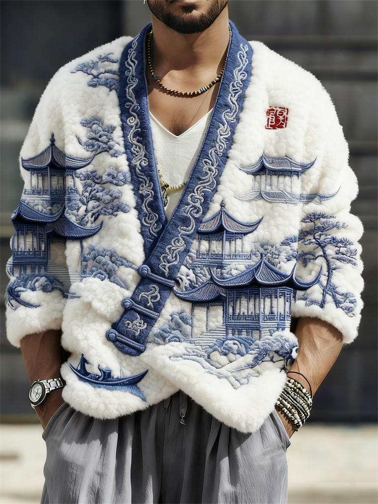 Men's Japanese Buildings Pine Trees Landscape Embroidered Cozy Fleece Kimono Cardigan  artssus