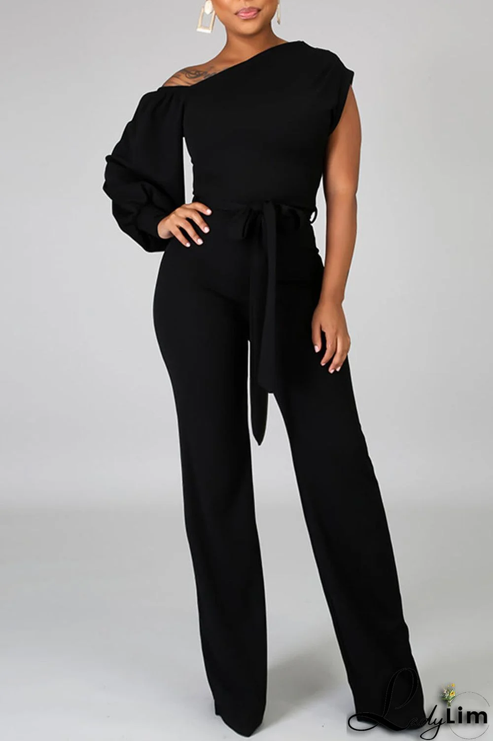 Black Fashion Casual Solid Patchwork Asymmetrical Asymmetrical Collar Straight Jumpsuits