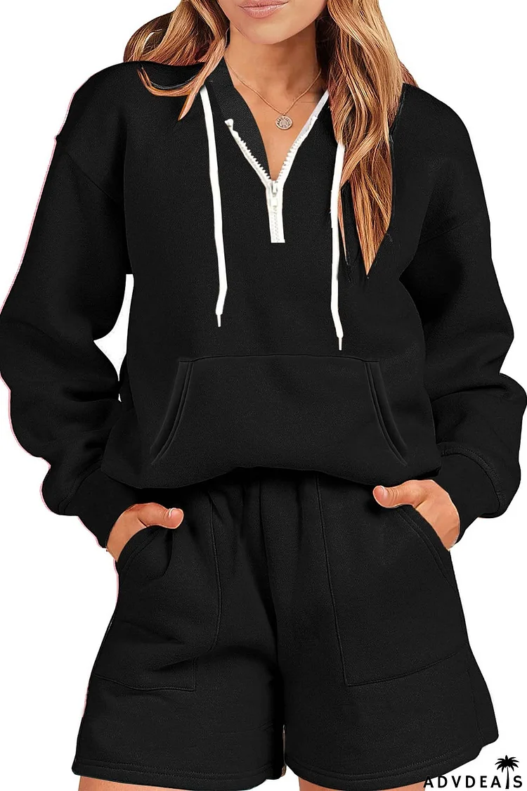 Half-Zip Hoodie Pocket Shorts Two-Piece Set