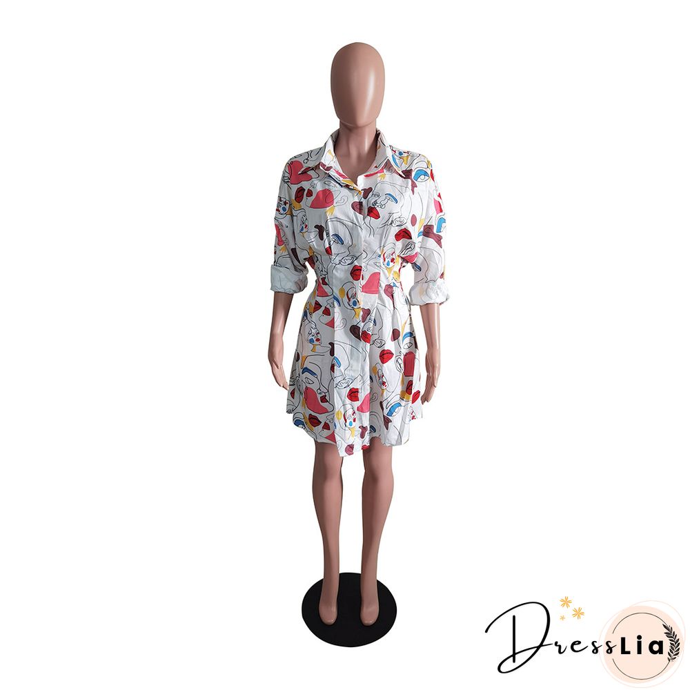 Fashion Newspaper Print Long Sleeve Women Turn Down Collar Button Up Streetwear Shirt Midi Dress