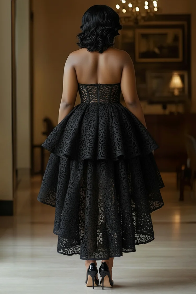 Halter V Neck Lace 3D Flower Party Maxi Mullet Dresses-Black