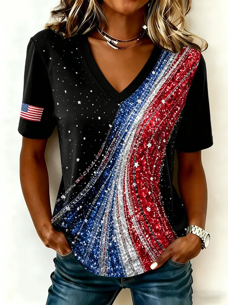 Women's USA 250th Print V Neck T-shirt 