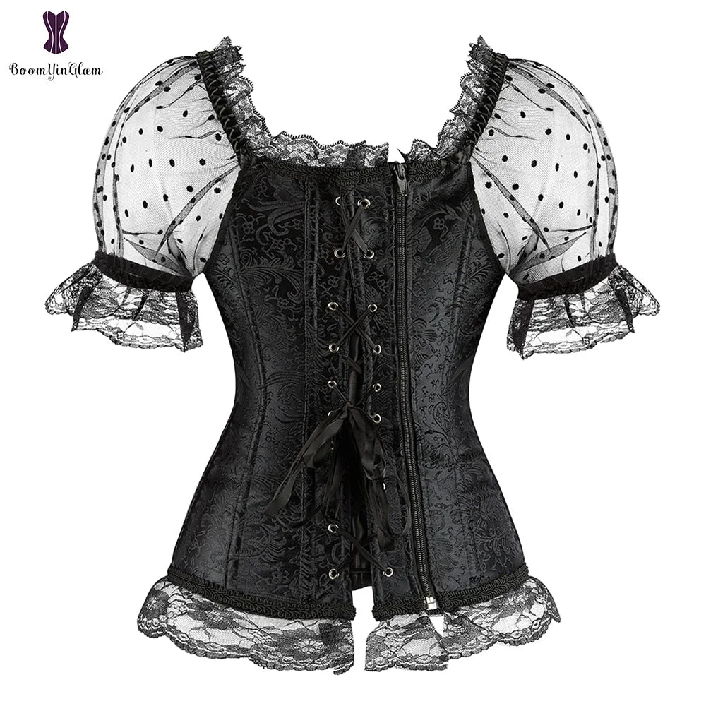 Fashion Princess Style Women Black Lingerie Body Shapewear Lace Bustier Top Short Sleeve Corset