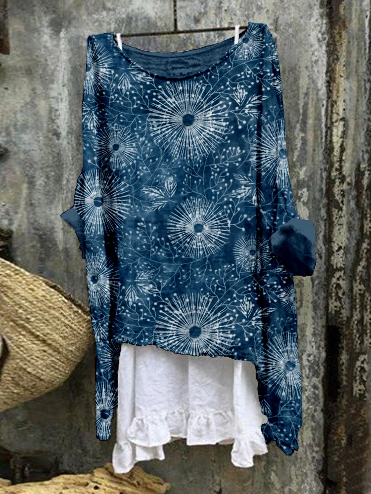 Japanese Shibori Art Dandelion Pattern Linen Blend Tunic